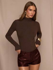 SHEIN BAE Quần short lưng thấp màu trơn thường ngày dành cho nữ - màu nâu - Xem 3