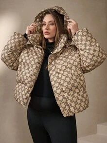 Chikora Plus Size Women Floral Pattern Long Sleeve Fashionable Thick Hooded Padded Coat Women's Winter Fall For Women Fall For Women Halloween Costumes Christmas Women's New Year Thanksgiving For Women Outerwear Women Coats For Women Women Winter Coats Women Puffer Coat Coats For Women Luxury For Women - Khaki - View 7