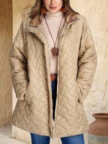 EMERY ROSE Plus Size Women Winter  Casual Solid Color Zip-Up  Plaid Patchwork Khaki Padded  WarmCoat, Stand Collar With Pockets, Autumn/Winter,Going Out Outfits,2025 New Clothes,Simple And Fashionable For Everyday Wear - Khaki - View 1