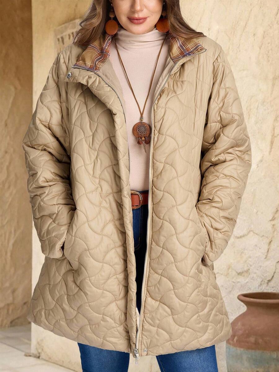 EMERY ROSE Plus Size Women Winter  Casual Solid Color Zip-Up  Plaid Patchwork Khaki Padded  WarmCoat, Stand Collar With Pockets, Autumn/Winter,Going Out Outfits,2025 New Clothes,Simple And Fashionable For Everyday Wear - Khaki - View 1
