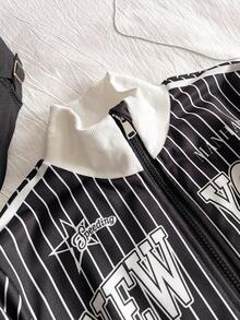 Teenage Girls' Jacket, Fashion Casual Versatile, Chest Letter Black & White Striped Long Sleeve Jacket, Ribbed Cuffs Collar Hem, Zipper Front Design, Suitable For Autumn/Winter Outings, Commuting, Travel, Can Be Paired With Undershirts, Jeans, Sweatpants - Black - View 4