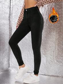 SHEIN ICON Women's Autumn/Winter Thermal Lined Slant Pocket Skinny Denim Jeans - Black - View 3