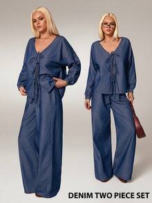 Avantive Women's Blue Autumn Casual Occasion Denim 2pcs Outfit,Single-Breasted Washed Top Coat & Low Rise Baggy Wide Leg Straight Jeans Set,Western Streetwear - Blue - View 1
