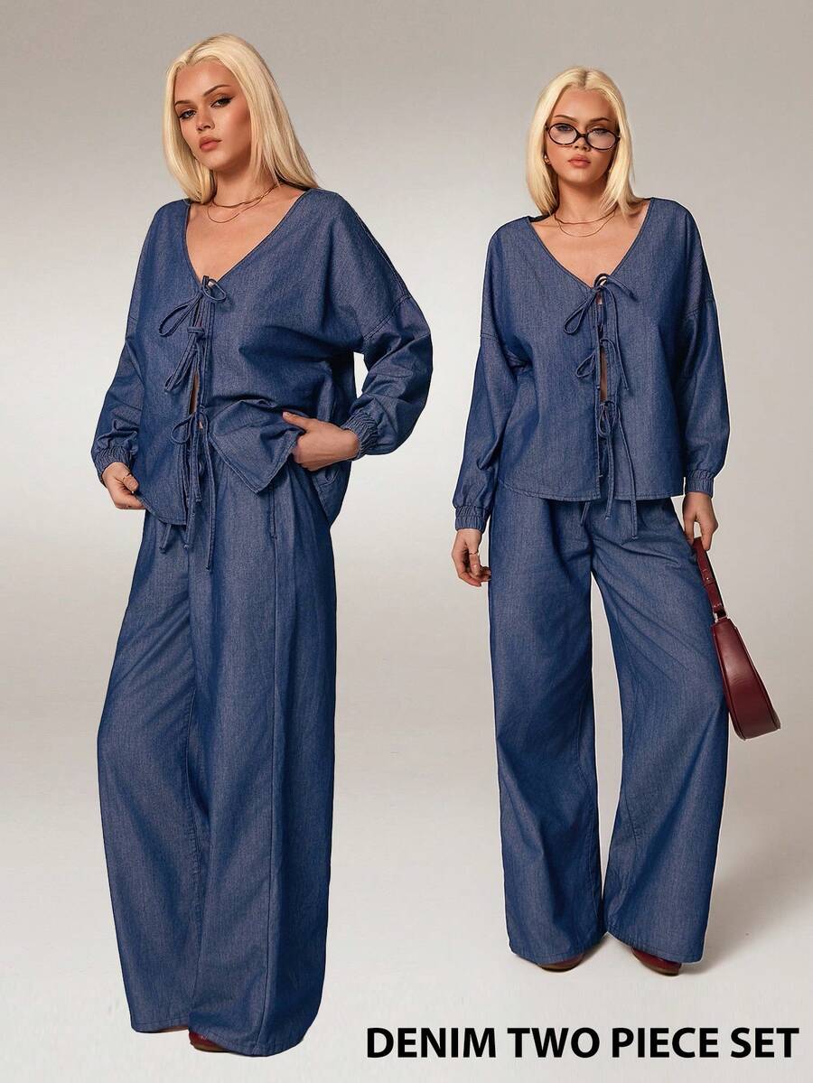 Avantive Women's Blue Autumn Casual Occasion Denim 2pcs Outfit,Single-Breasted Washed Top Coat & Low Rise Baggy Wide Leg Straight Jeans Set,Western Streetwear - Blue - View 1