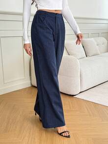 SHEIN Tall 女士休闲时尚夏季度假条纹印花口袋宽松裤，适合日常穿着 - 藏蓝色 - 查看 9