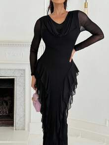 Shopreo Women's Elastic Net Flared Collar Ruffled Hem Fitted Elegant Dress, Spring/Summer - Black - View 4