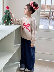 Genkimix Kids 2 件 Tween Girl 蝴蝶结装饰休闲上衣 + 纯色休闲直筒牛仔裤 - 杏色 - 查看 5