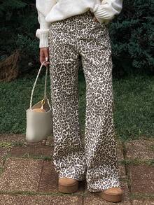 DAZY 女式西部牛仔豹纹喇叭牛仔裤，秋冬休闲街头风格裤 - 棕色 - 查看 1