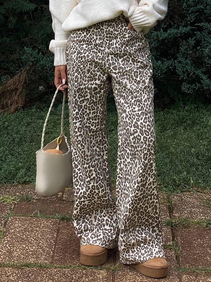 DAZY 女式西部牛仔豹纹喇叭牛仔裤，秋冬休闲街头风格裤 - 棕色 - 查看 1