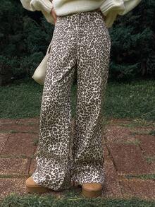 DAZY 女式西部牛仔豹纹喇叭牛仔裤，秋冬休闲街头风格裤 - 棕色 - 查看 5