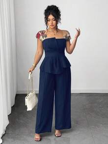 Elenzga Bộ 2 món áo lưới thêu họa tiết chắp vá bất đối xứng và quần ống rộng cho nữ cỡ lớn - Màu xanh hải quân - Xem 4