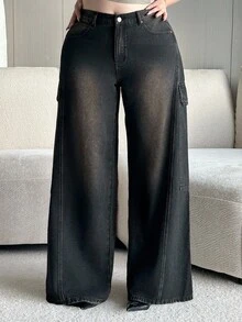 Dazy Plus Jeans en denim à jambes larges et lâches, taille élastique, grande taille, toutes saisons - Noir - Voir 7