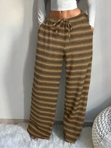 SHEIN SXY 女式舒适休闲简约低腰抽绳阔腿裤 - 棕色 - 查看 3