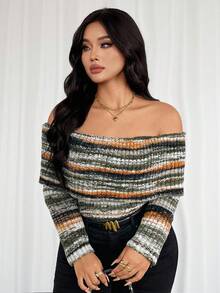 SHEIN Privé 大码女式露肩长袖修身毛衣 - 彩色 - 查看 5