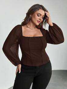 Firerie Modny, elegancki top damski w dużym rozmiarze z kwadratowym dekoltem i długim rękawem