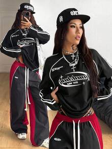 Coolane Women's Fall Streetwear Sport Game Day Casual Graphics Contrast Trim Black Letter Print Long Sleeve T-Shirt - Black - View 1