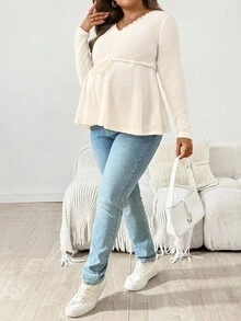 SHEIN Plus Size Maternity Casual V-Neck Drawstring Waist Peplum Top, Solid Color, Suitable For Daily Wear And Commuting, Spring/Autumn Plus Size White Tops Jumpers For Women Plus White Long Sleeve Top V-Neck Woven Top Peplum Long Sleeve