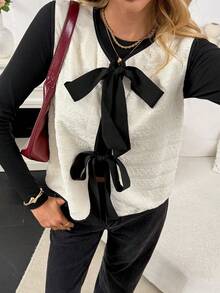 Serisse Chaqueta de invierno para mujer con ribete de contraste anudado sin mangas, casual, para otoño/invierno, chaqueta sin mangas con ribete negro, vintage, de vuelta al colegio, otoño, invierno, estilo francés, chaqueta de invierno para mujer, nueva diseño de mujer 2025 con sentido, temperamento versátil, elegancia francesa, delicada, estilo francés, dinero antiguo, simple, oficina, commuting, elegante, adecuada para uso diario, invierno para mujer, fiesta, verano nuevo para mujer - Multicolor - Ver 5