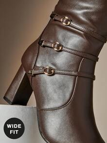 SHUZIA Botas Altas Femininas de Cano Largo com Três Fivelas, Bico Fino e Salto Bloco em PU Marrom - Estilo Elegante para Looks de Outono e Curvas Confiantes - Castanho - Visão 7