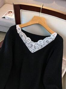 EMERY ROSE New Elegant Lace Trim V-Neck Soft & Versatile Plus Size Women Knit Pullover Top Winter - Black - View 4