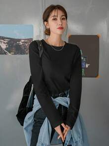 DAZY 女士圆领纯色休闲宽松基础款长袖T恤 - 黑色 - 查看 6