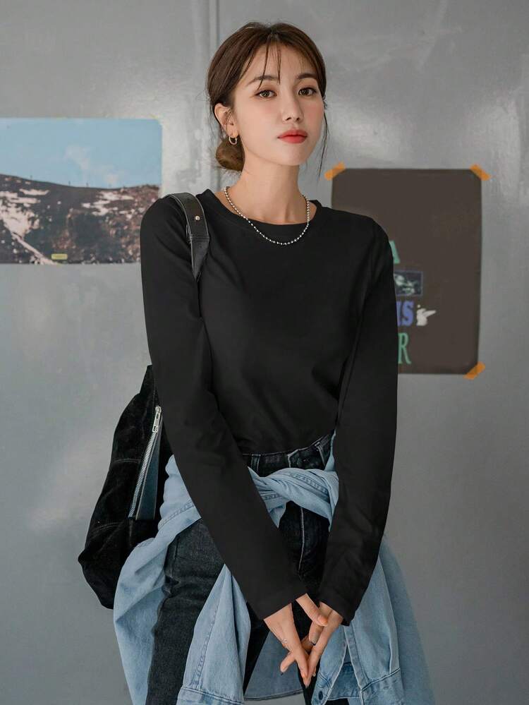 Women's Crew Neck Solid Color Casual Loose Fit Basic T-Shirt Long Sleeve Women