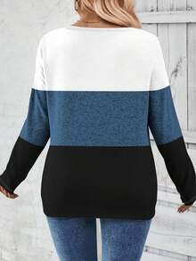 EMERY ROSE Women's V-Neck Contrast Color Block Plus Size T-Shirt, Autumn/Winter - Multicolor - View 2