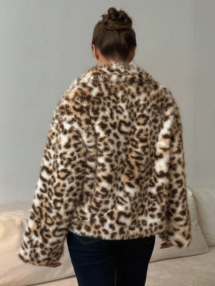 Leopard Print Loose Long Sleeve Lapel Casual Street Jacket, Faux Fur Coat For Women, Autumn/Winter