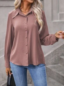 Wandoria Long Sleeve Solid Color Casual Shirt For Commute, Autumn Fall Cloth For Women - Redwood - View 4
