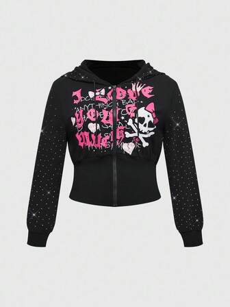 Plus Size Gothic Style Pink Rhinestone Skull & Bow Letter Print Black Sweatshirt, Fashionable Streetwear Plus Size Black Hoodie Jacket For Women, Plus Size Women Long Sleeve Sweatshirt Coat, Plus Size Women Sweatshirt Sweatshirt Top/Winter