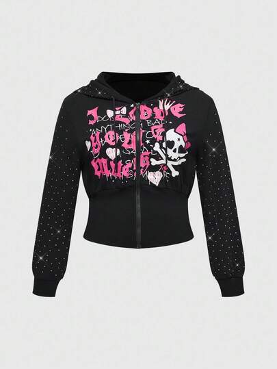 Plus Size Gothic Style Pink Rhinestone Skull & Bow Letter Print Black Sweatshirt, Fashionable Streetwear Plus Size Black Hoodie Jacket For Women, Plus Size Women Long Sleeve Sweatshirt Coat, Plus Size Women Sweatshirt Sweatshirt Top/Winter