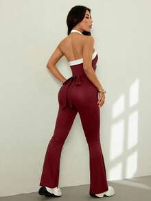 SHEIN PETITE Bộ đồ liền thân đơn giản, chắp vá màu trơn dành cho nữ, mặc thường ngày - Màu Đỏ Sâu - Xem 2