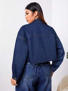 Firerie Plus Size Casual Cropped Denim Jacket, Autumn - Dark Wash - View 2