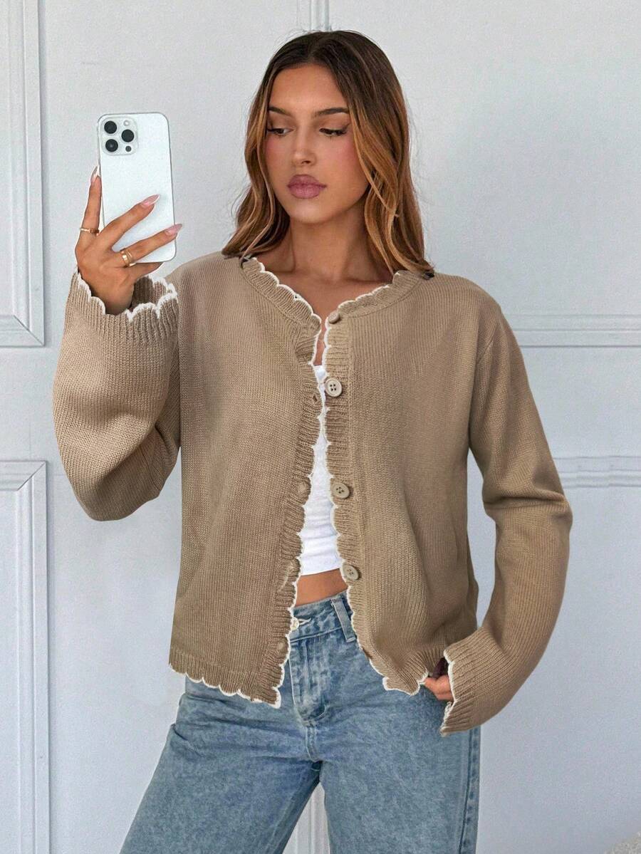 SHEIN EZwear 女士休闲撞色饰边开衫,秋季 - 咖啡棕 - 查看 1
