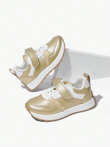 JNSQ 女童运动鞋，金色PU拼接蛇纹，休闲时尚轻便防滑，适合春、夏、秋、冬四季穿着。 - 金色 - 查看 2