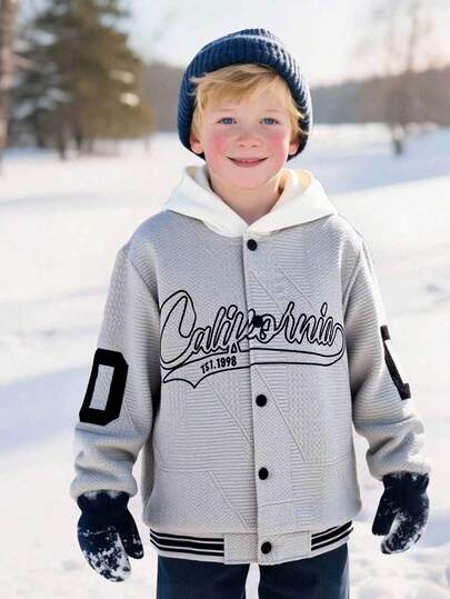 SHEIN Explorewe Chaqueta de béisbol con capucha de tela texturizada para niño preadolescente, ropa deportiva casual para otoño/invierno