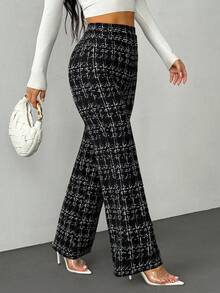 SHEIN PETITE Summer Elegant Women's Plaid Printed Elastic Knitted Pants, Suitable For Various Occasions, Suitable For Summer Vacation, Elegant Travel, And Daily Commuting, Winter Clothes For Women,Thanksgiving Outfit For Women