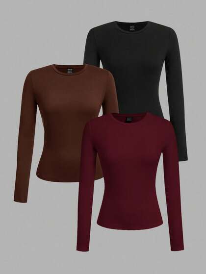 SHEIN EZwear 3 pièces T-shirt à manches longues ajusté décontracté col rond pour femmes, noir/marron/bordeaux, automne/hiver