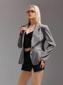 SHEIN ICON 女士休闲商务简约长袖纽扣腰西装外套秋冬女装 - 淺灰色 - 查看 5