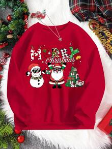 青少年男孩圣诞节可爱圣诞老人、雪人、圣诞树和圣诞快乐字母印花休闲舒适长袖圆领宽松运动衫 - 紅色 - 查看 4