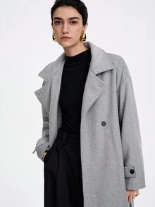 SHEIN LUNE 女士优雅简约高端正式办公室通勤商务休闲度假舒适家居羊毛混纺高领双排扣宽松直筒口袋装饰落肩长袖中长款羊毛大衣，浅灰色 - 灰色 - 查看 5
