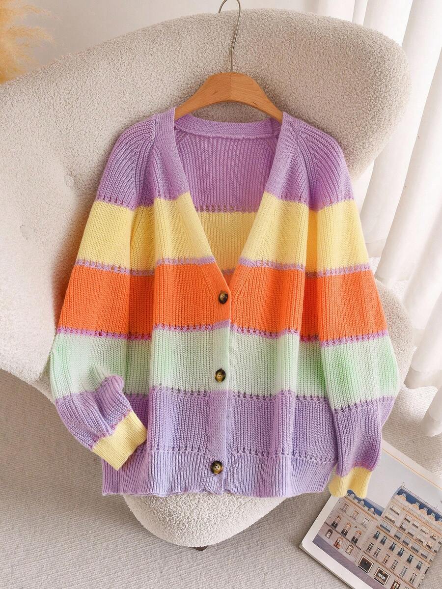 CosyJoli Cárdigan de mujer talla grande con mangas raglán, estampado de bloques de color y rayas, para uso casual y diario en otoño/invierno - Multicolor - Ver 1