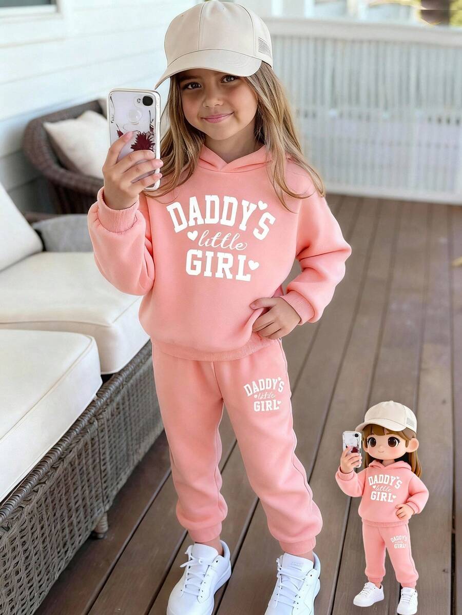 Sparklyn 2 件年轻女孩字母图案印花圆领运动衫套装，休闲时尚，搭配，可爱活泼，儿童秋冬装，长袖上衣，年轻女孩粉色连帽衫和裤子套装 - 彩色 - 查看 1