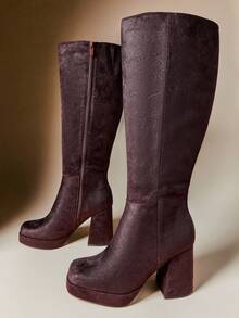 SHUZIA Women's Glamorous Comfortable Faux Suede Square Toe Platform Knee-High Boots With Inner Zipper - Brown - View 6