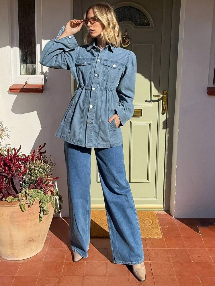 Livesso Women's Loose Vintage Distressed Long Sleeve Denim Shirt With Pockets - Blue - View 2
