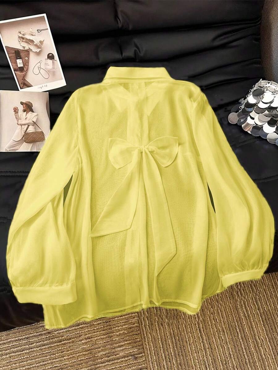 SHEIN Clasi 休闲白色透明蝴蝶结衬衫 - 鵝黃色 - 查看 1
