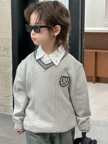 DAZY Young Boy V-Neck Long Sleeve Collegiate Sweater, Autumn/Winter - Grey - View 2