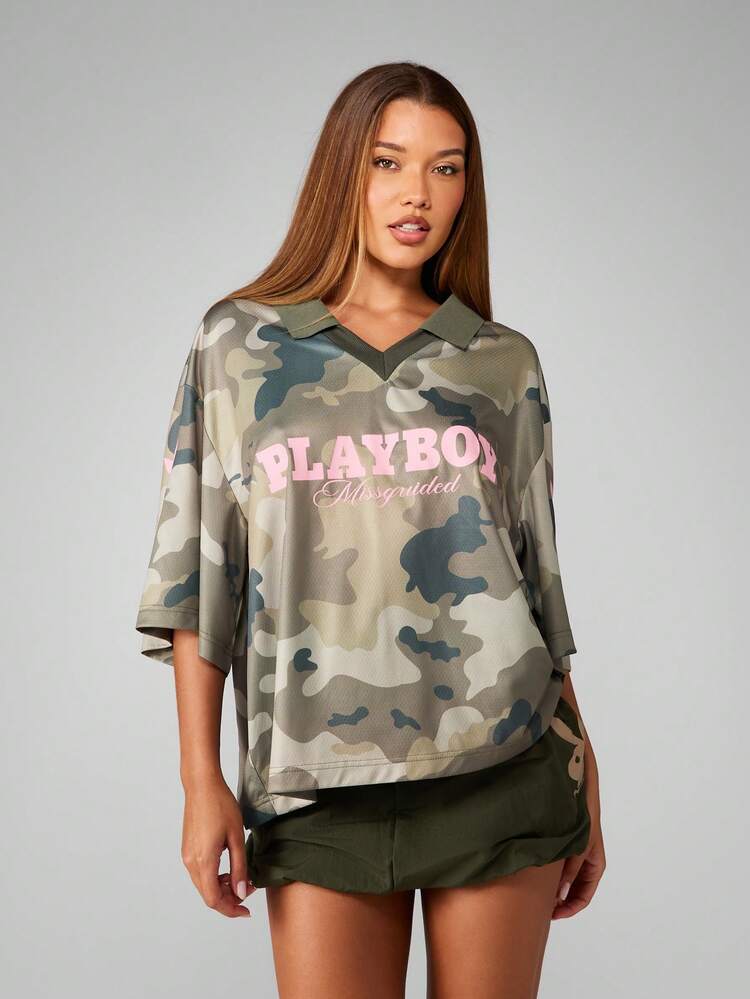 Missguided x Playboy Oversized Collared T-Shirt With Camo Print And Logo
