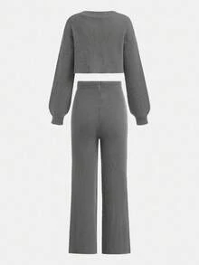 SHEIN 少女灰色 V 领开衫和针织裤休闲百搭毛衣套装秋冬装 FoGirlen