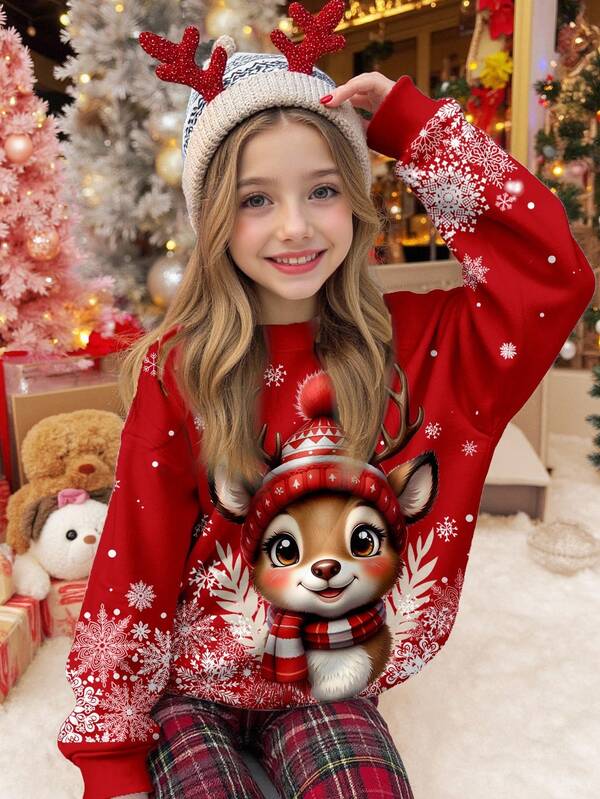 SHEIN Christmas, Burgundy, Cute & Fun Cartoon Reindeer, Gradient Snowflake Print, Tween Girl Casual Minimalist Comfortable Thick Soft Loose Crew Neck Long Sleeve Sweatshirt, Suitable For Autumn Daily Wear